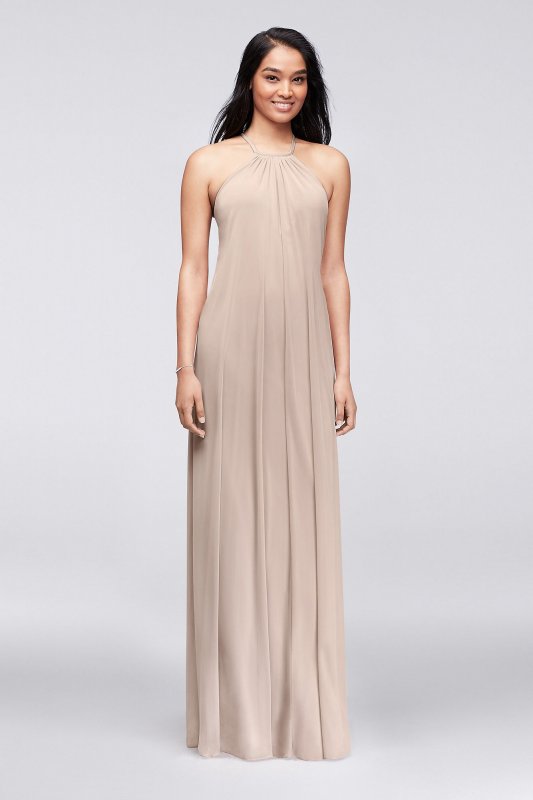 Soft Mesh Halter Bridesmaid Dress with Slim Sash David's Bridal F19533