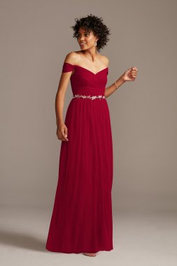 Off-the-Shoulder Pleated Soft Net Bridesmaid Dress David's Bridal F20116