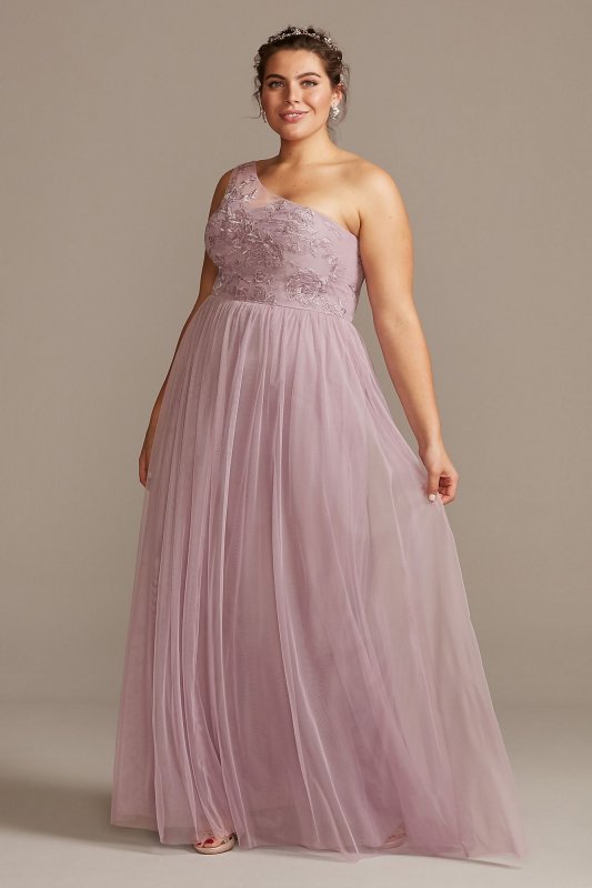 One-Shoulder Embroidered Soft Net Bridesmaid Dress David's Bridal F20121