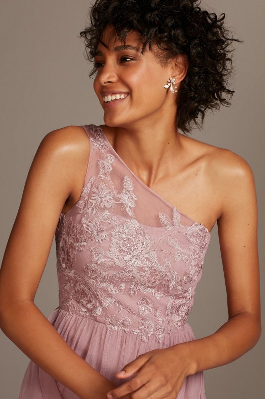 One-Shoulder Embroidered Soft Net Bridesmaid Dress David's Bridal F20121