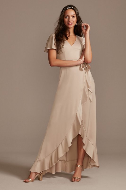 Flutter Sleeve Crepe Satin Ruffle Bridesmaid Dress David's Bridal F20209