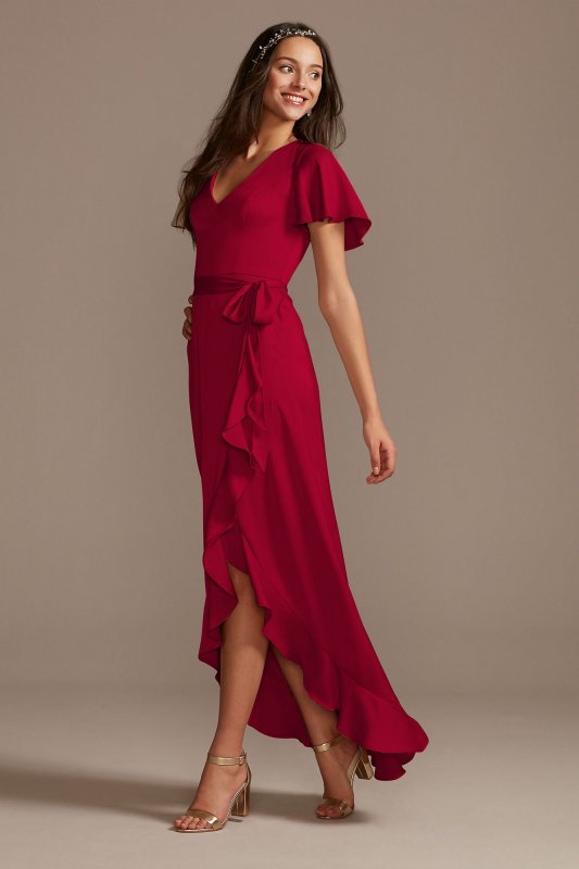 Flutter Sleeve Crepe Satin Ruffle Bridesmaid Dress David's Bridal F20209