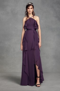 Chiffon High-Neck Bridesmaid Dress with Tie Back White by Vera Wang VW360409