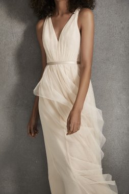 Long Mesh Dress with Lace Halter Bodice David's Bridal F19025