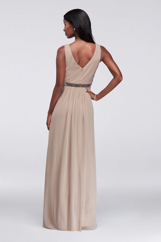 Long Mesh Dress with V-Neck and Beaded Waistband David's Bridal W11092