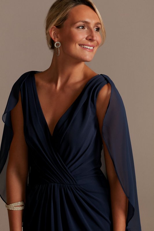 New Coming Plunging V Neck Oleg Cassini Pleated Chiffon Dress with Capelet and Slit