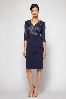 Short Scalloped Surplice 3/4 Sleeve Dress with Tie Alex Evenings 1121822