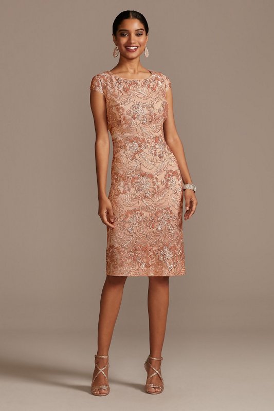 Sequin Lace Knee-Length Sheath with Cap Sleeves Alex Evenings 117654D