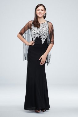 Embroidered Crystal-Accented Vines Gown with Shawl Alex Evenings 160073D