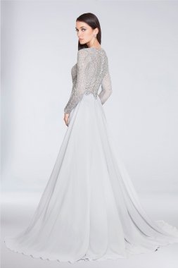 Beaded Long Sleeve A-Line Chiffon Dress with Slit Terani Couture 1813M6703