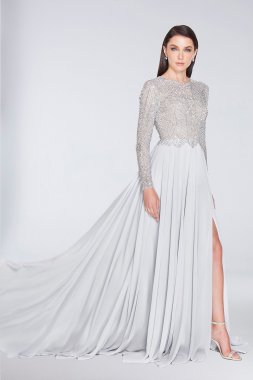 Beaded Long Sleeve A-Line Chiffon Dress with Slit Terani Couture 1813M6703