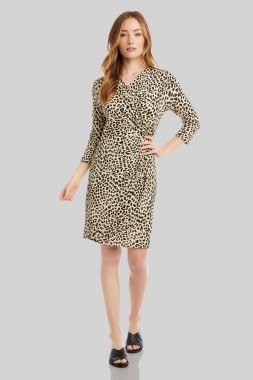 Cheetah Print Faux Wrap 3/4 Sleeve Cascade Dress Karen Kane 1L10500