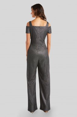V-Neck Shimmer Jumpsuit with Cold-Shoulder Cutouts Morgan and Co 21959