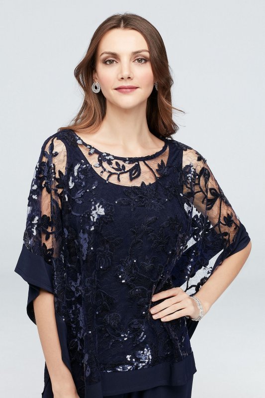 Sequin Lace Pantsuit with Sheer Poncho RM Richards 2288