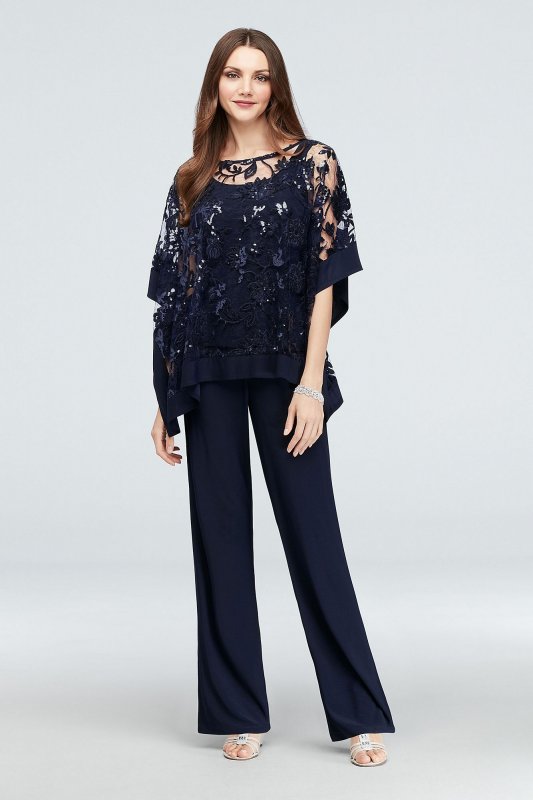 Sequin Lace Pantsuit with Sheer Poncho RM Richards 2288