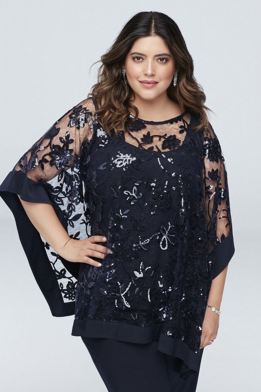 Sequin Lace Plus Size Pantsuit with Sheer Poncho RM Richards 2288W