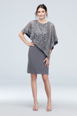 Stretch Knit Sheath with Asymmetrical Lace Cape RM Richards 2292