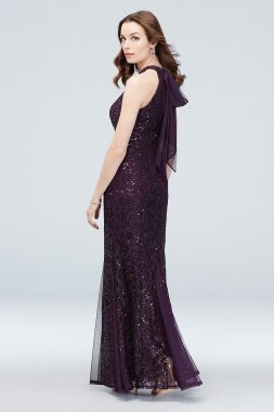 High-Neck Tie Sequin Lace Mermaid Gown with Godets Marina 263209