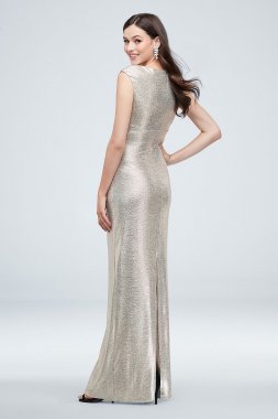 Metallic Asymmetrical Stretch-Knit Gown with Slit Marina 263526D