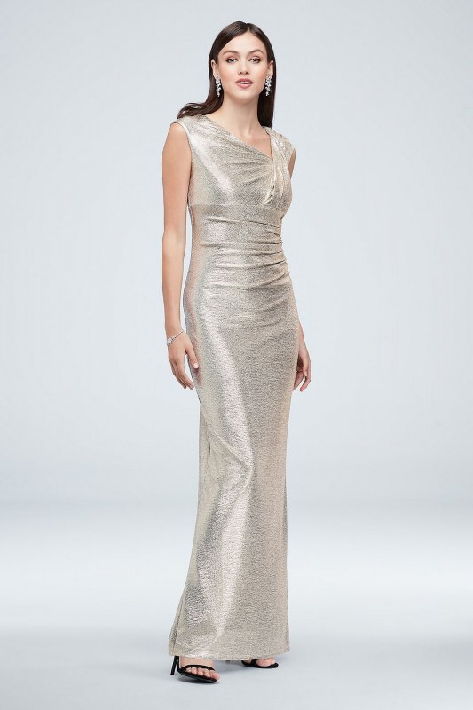 Metallic Asymmetrical Stretch-Knit Gown with Slit Marina 263526D