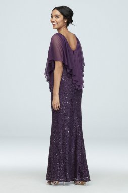 Sequin Lace Gown with Cold Shoulder Capelet Marina 263842D