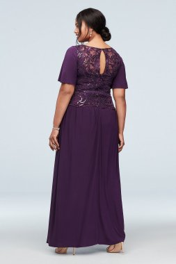 Chiffon Capelet V-Neck Pleated Dress with Slit Oleg Cassini D40NY012