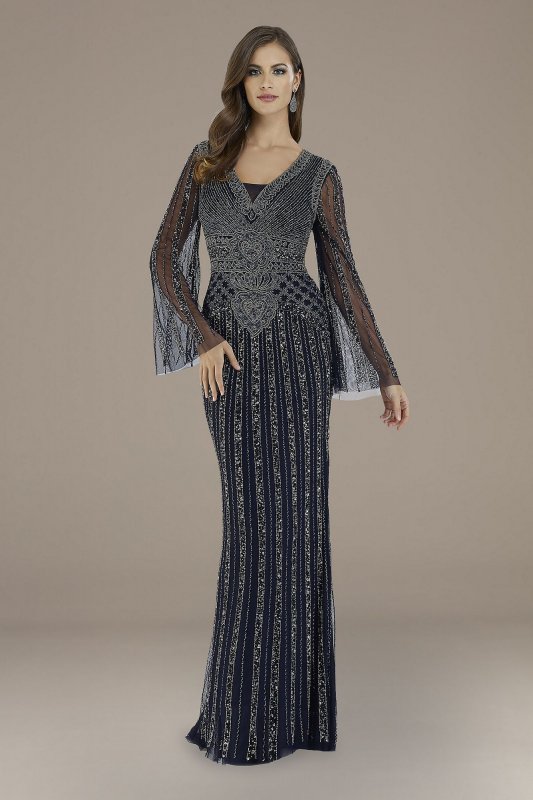 Lara Elizabeth Beaded Bell Sleeve V-Neck Gown Lara 29601