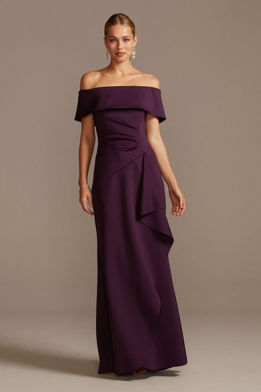 Off the Shoulder Ruched Gown with Hip Cascade Xscape 3008XD