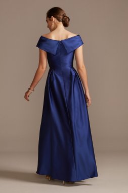 Satin Off the Shoulder Gown with Portrait Collar Xscape 3476X