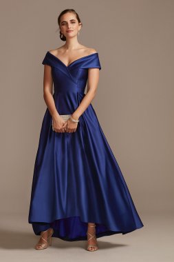 Satin Off the Shoulder Gown with Portrait Collar Xscape 3476X