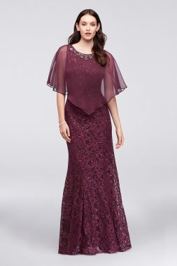 Lace Mermaid Dress with Beaded Chiffon Capelet Ignite 3523DB