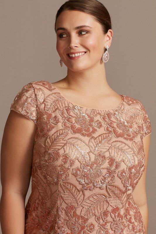 Sequin Lace Plus Size Sheath with Cap Sleeves Alex Evenings 417654