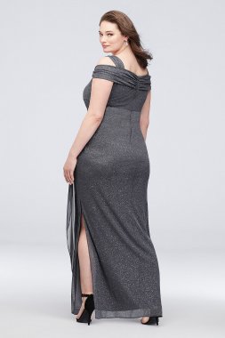 Glitter Mesh Cowlneck Plus Size Dress with Ruching Alex Evenings 433026