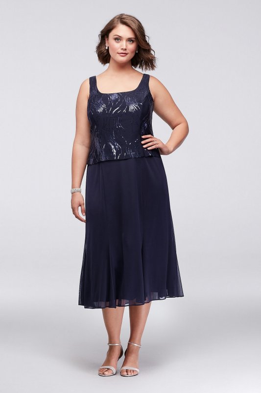 Sequined Tea-Length Plus Size Dress and Jacket Set Alex Evenings 496267D