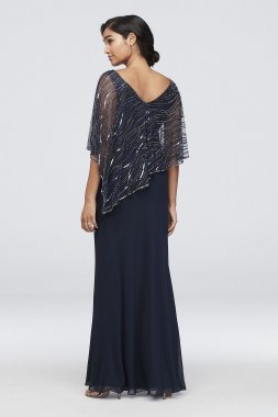 Chiffon V-Neck Sheath Dress with Beaded Capelet Jkara 5019N