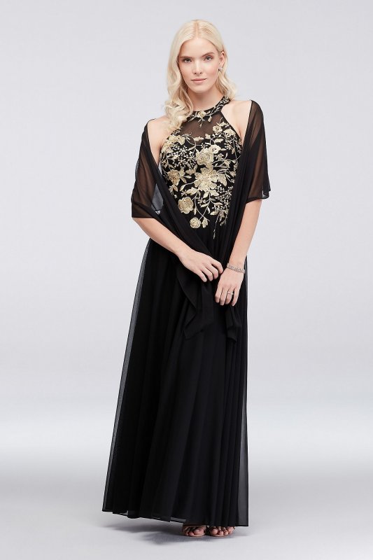 Metallic Embroidered Jersey Chiffon Halter Dress Cachet 59562D