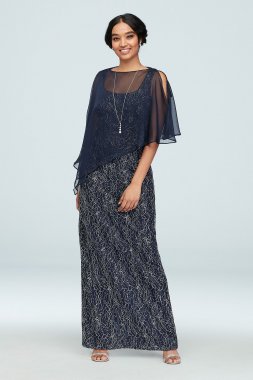 Scoop Neck Metallic Lace Gown with Beaded Capelet Ignite 7112142