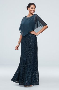 Sequin Lace Illusion Gown with Embellished Capelet Ignite 7119181