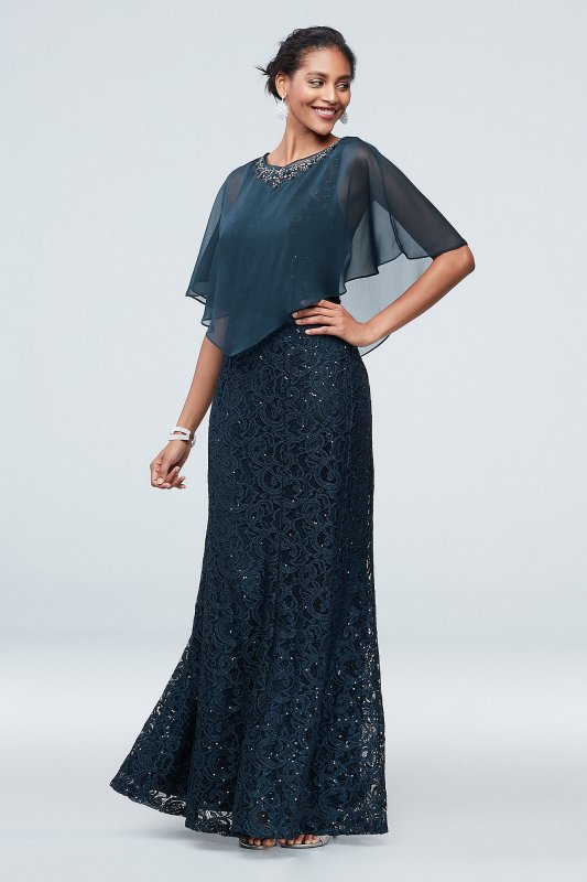 Sequin Lace Illusion Gown with Embellished Capelet Ignite 7119181