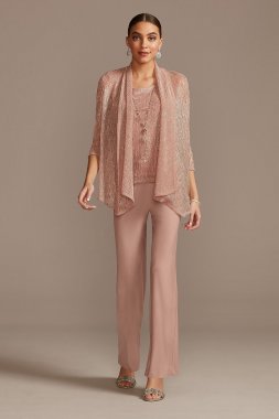 Metallic Crinkle Chiffon Three Piece Pant Suit Set RM Richards 7171