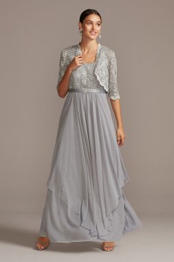 Sequin Lace and Mesh Jacket Dress with Overskirt RM Richards 7300