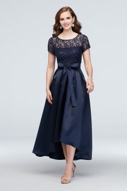 Short Sleeve Sequin Lace and Mikado Midi Dress SL Fashions 9119171