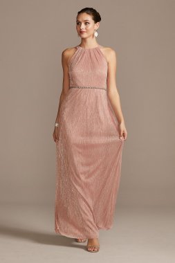 Shimmer Metallic Halter Gown with Beaded Belt Ignite 9155111