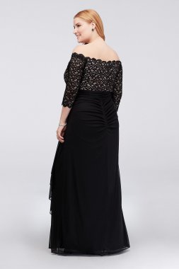 Off-the-Shoulder Plus Size Dress with Cascade Betsy and Adam A21009W