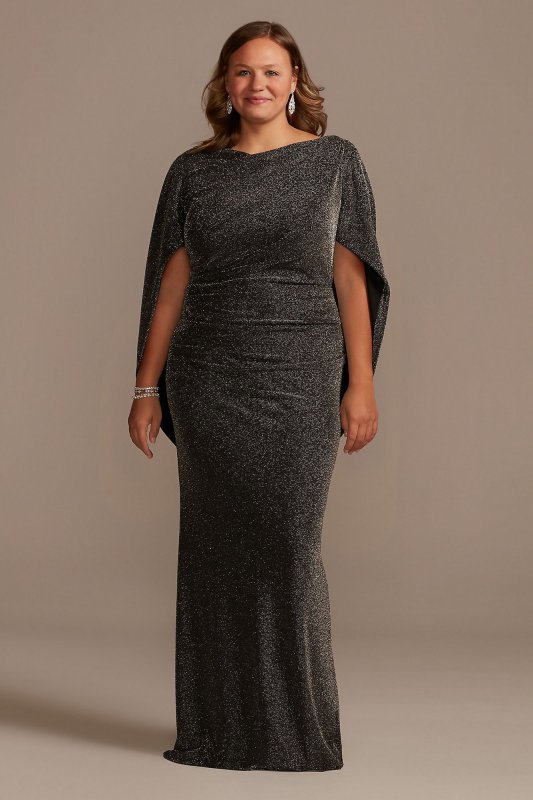 Glitter Drape Sleeve Stretch Plus Size Sheath Betsy and Adam A21447W