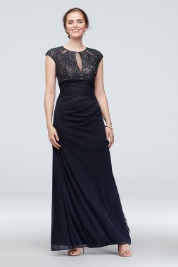 Lace Bodice Keyhole Gown with Mesh Ruched Cascade Betsy and Adam A22197