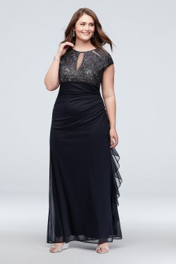 Lace Keyhole Plus Size Gown with Ruched Cascade Betsy and Adam A22197W