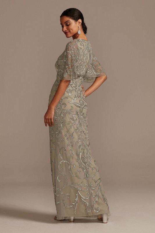 Beaded Mesh Overlay Gown with Flutter Sleeves Adrianna Papell AP1E206834