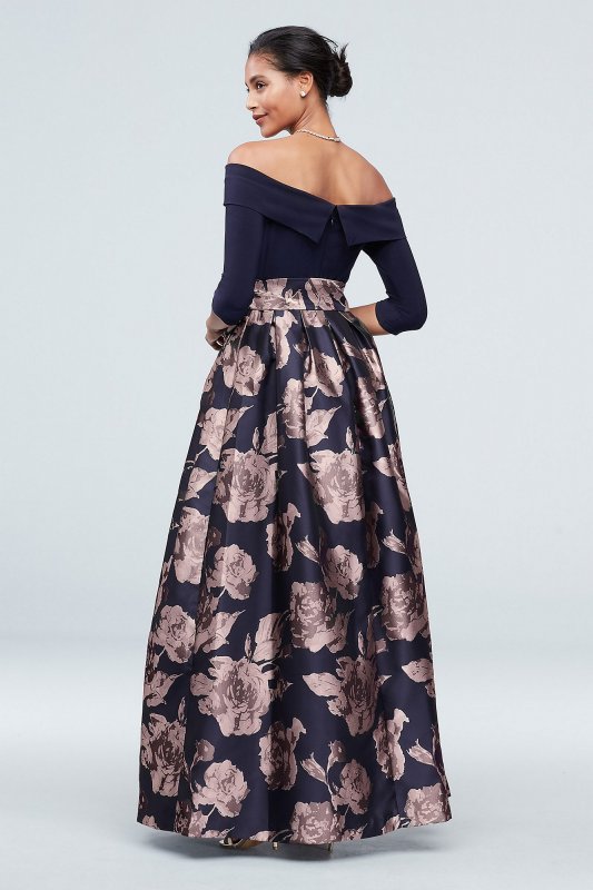 Off The Shoulder Gown with Jacquard Floral Skirt Jessica Howard JHDM6192