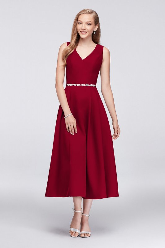 V-Neck Mikado Tea-Length Bridesmaid Dress Oleg Cassini OC290027